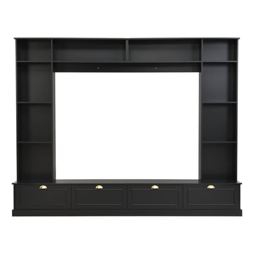 Clihome Large Wall Unit Entertainment Center with Bookshelves for TVs Up to 78'', Modern TV Console with Cabinets and Open Shelves, 4-in-1 TV Stand with Golden Handles, Black, 104.2''W*81.2''H
