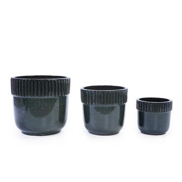 Handmade Ceramic Planter Set of 3, 15/14/9 Inch Diameter, Black Ribbed Pattern, for Succulents Indoor/Outdoor Use on Windowsill & Bookshelf