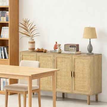 62.2" Natural Rattan Storage Cabinet, 2-Door Sideboard Buffet Coffee Bar Cabinet