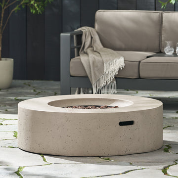 Outdoor 50,000 BTU Round MgO Concrete Propane Fire Pit, Light Grey/Dark Gray (Tank Cover not Included)