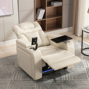 270 Degree Swivel PU Leather Power Recliner Individual Seat Home Theater Recliner with Tray Table,Hidden Arm Storage for Living Room,White