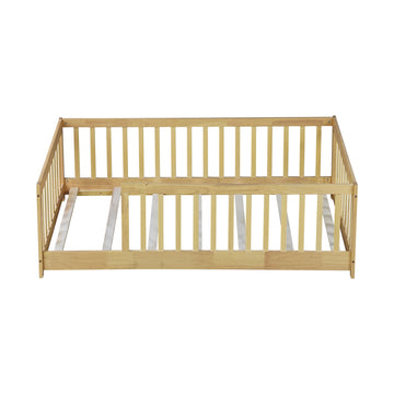 Twin Size Floor Bed with Fence without Door, Rubber Wood Floor Bed with Safety Guardrails