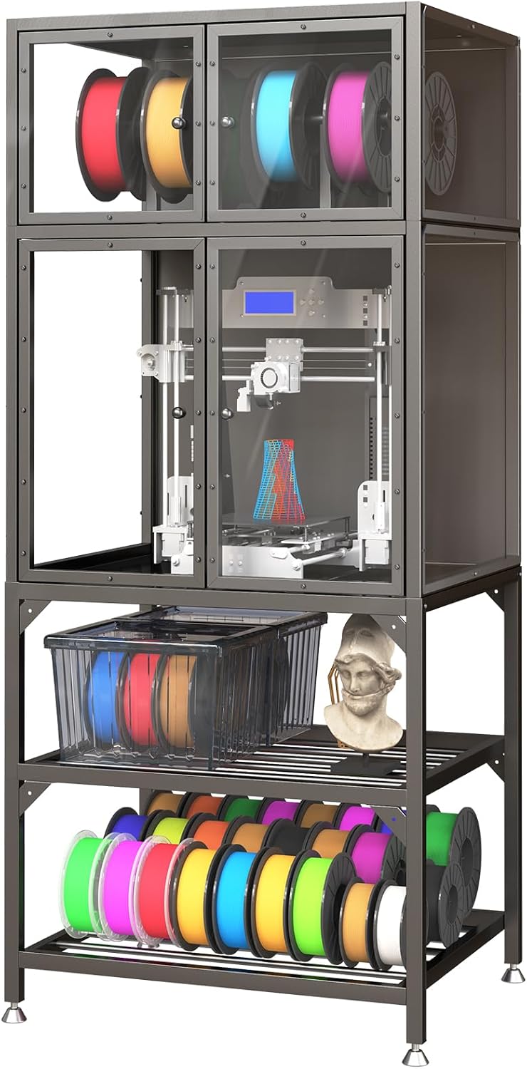3D Printer Cabinet with Double Layer 3D Printer Filament Storage Rack, T-Shaped Filament Bar & Noise-Reducing, Dust-Proof Design, Suitable for Studio, Office Storage and Organization