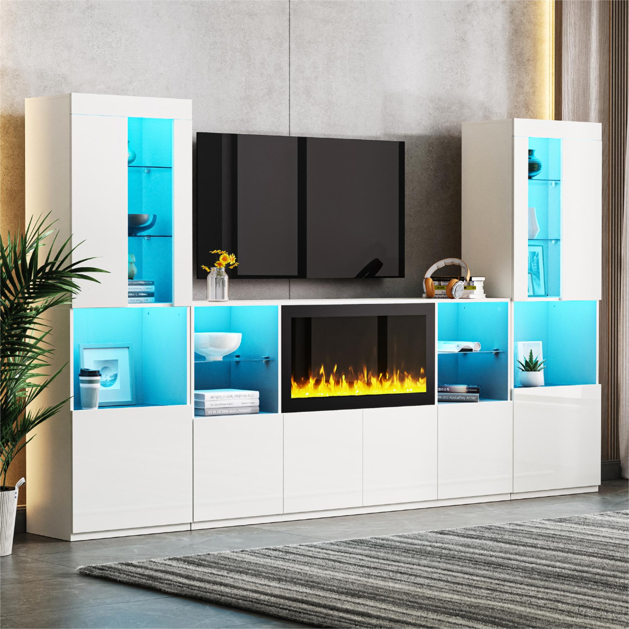 Modern TV Stand with 34.2" Non-heating Electric Fireplace, High Gloss Entertainment Center with LED Lights, Media Console with Tempered Glass Shelves for TVs up to 75", White/Black