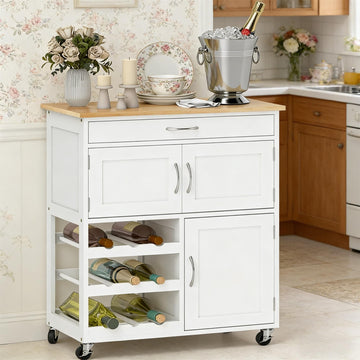 Portable Kitchen Cart with Rubber Wood Top, Rolling Kitchen Island with Storage and Wine Rack