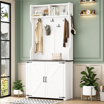 Farmhouse 4-in-1 Hall Tree with Barn Doors, Movable Bench with 7 Hanging Hooks and Shoe Storage Cabinet, 76.9