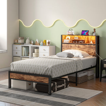 Twin Size Bed Frame with Storage Headboard, Metal Platform Bed with Charging Station, Bookcase Storage, No Box Spring Needed, Easy Assembly
