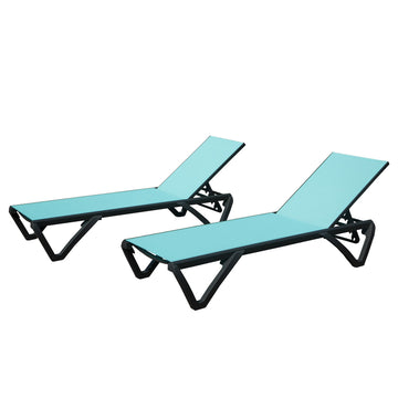 2 Pcs Outdoor Lounge Chair, Aluminum Plastic Patio Chaise Lounge with 5 Position Adjustable Backrest and Wheels, Lake Blue