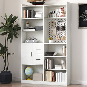 Bookshelf and Bookcase with Pegboard and Drawer or Kitchen Pantry Cabinet , 9 Cubby Display Book Shelves, Modern Wide Wood Shelving Unit for Living Room or Kitchen and Dinning Room,White