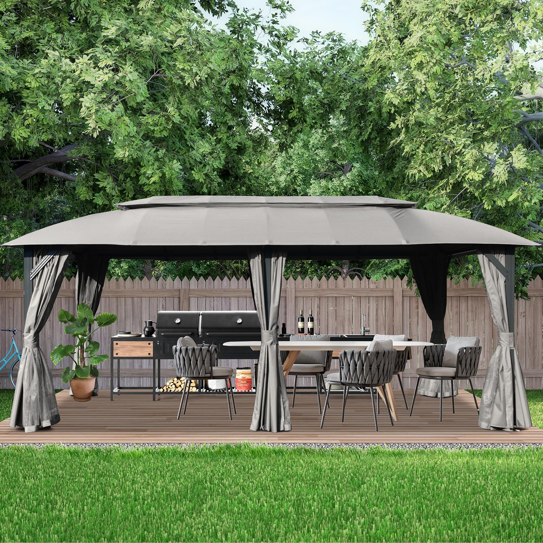 Gazebo 10x20FT, Outdoor Gazebo with Double Roofs, Privacy Curtains, Mosquito Nettings, Heavy Duty Metal Frame Party Tent Canopy for Patio, Backyard, Deck, Lawn, Grey/Brown