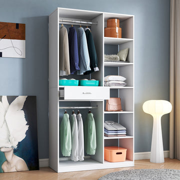 Freestanding Closet System, Stand-Alone Wardrobe with 6 open Shelves,74.8'' Heigh Closetwith 1 Wood Drawers, Wood Walk-in Closet with 2 Hanging Rod, White