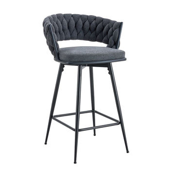 Set of 2 Swivel Bar Stools with Breathable Linen Cushions - Light Gray Seat & Black Iron Frame