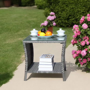 Outdoor Patio Coffee Table with Tempered Glass Top, Gray PE Wicker
