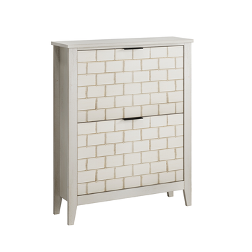 31.5 Inch Retro White Shoe Storage Cabinet, Mid-Century Vintage Freestanding Shoe Cabinet, Shoe Cabinet with 2 Flip Drawers, Suitable for Hallway and Entryway, Staircase Corner