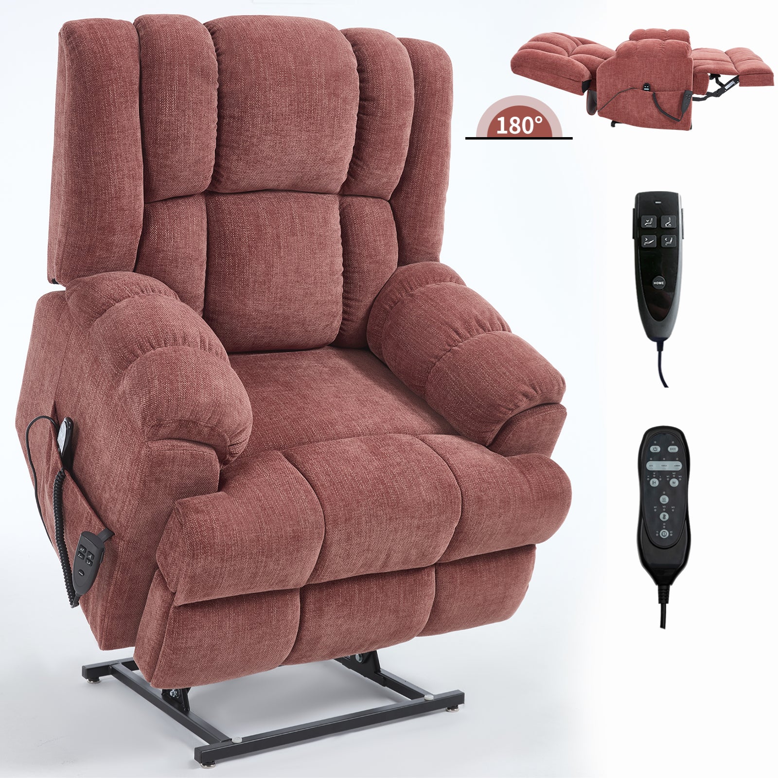 Dual Motor Heat Massage Infinite Position Up to 350 LBS Electric Power Lift Recliners with Power-Remote, Medium-firm and Heavy Duty, Red/Light Grey/Beige