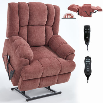 Dual Motor Heat Massage Infinite Position Up to 350 LBS Electric Power Lift Recliners with Power-Remote, Medium-firm and Heavy Duty, Red/Light Grey/Beige