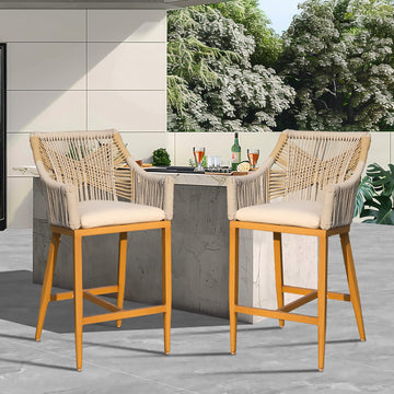 Bar Stools Set of 2, Outdoor Counter Height Bar Chairs with Arm and Backrest, Aluminum Tall Bar stools with Cushion Modern Textilene Rope Boho Barstools for Garden, Pool, Patio, Kitchen-Square Backres/Rounded Backre