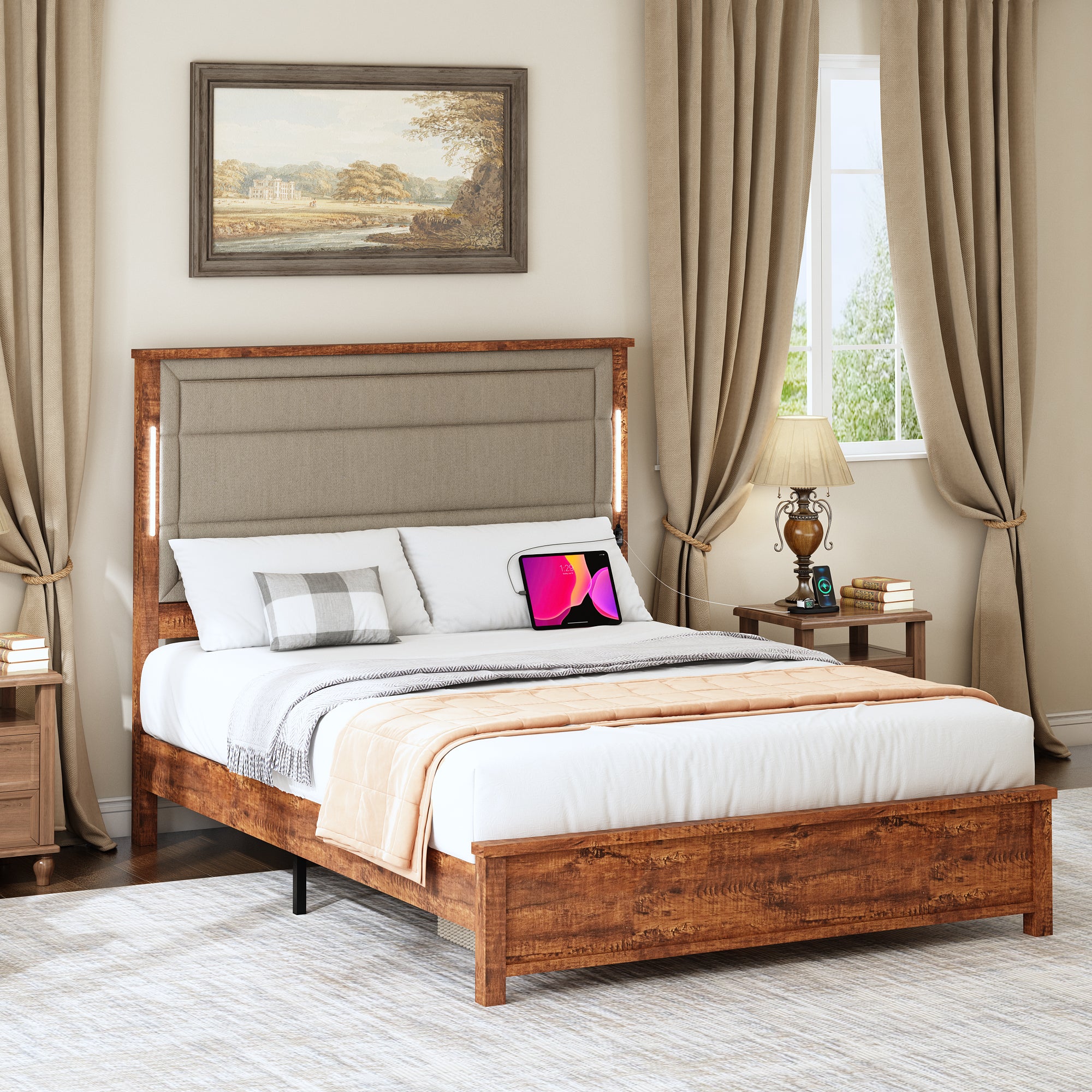 Queen Size Bed Frame with Upholstered Headboard, Queen Bed Frame with Charging Station and LED Lights, Wood Slats, Dark Gray Linen, No Box Spring Needed, Easy Assembly