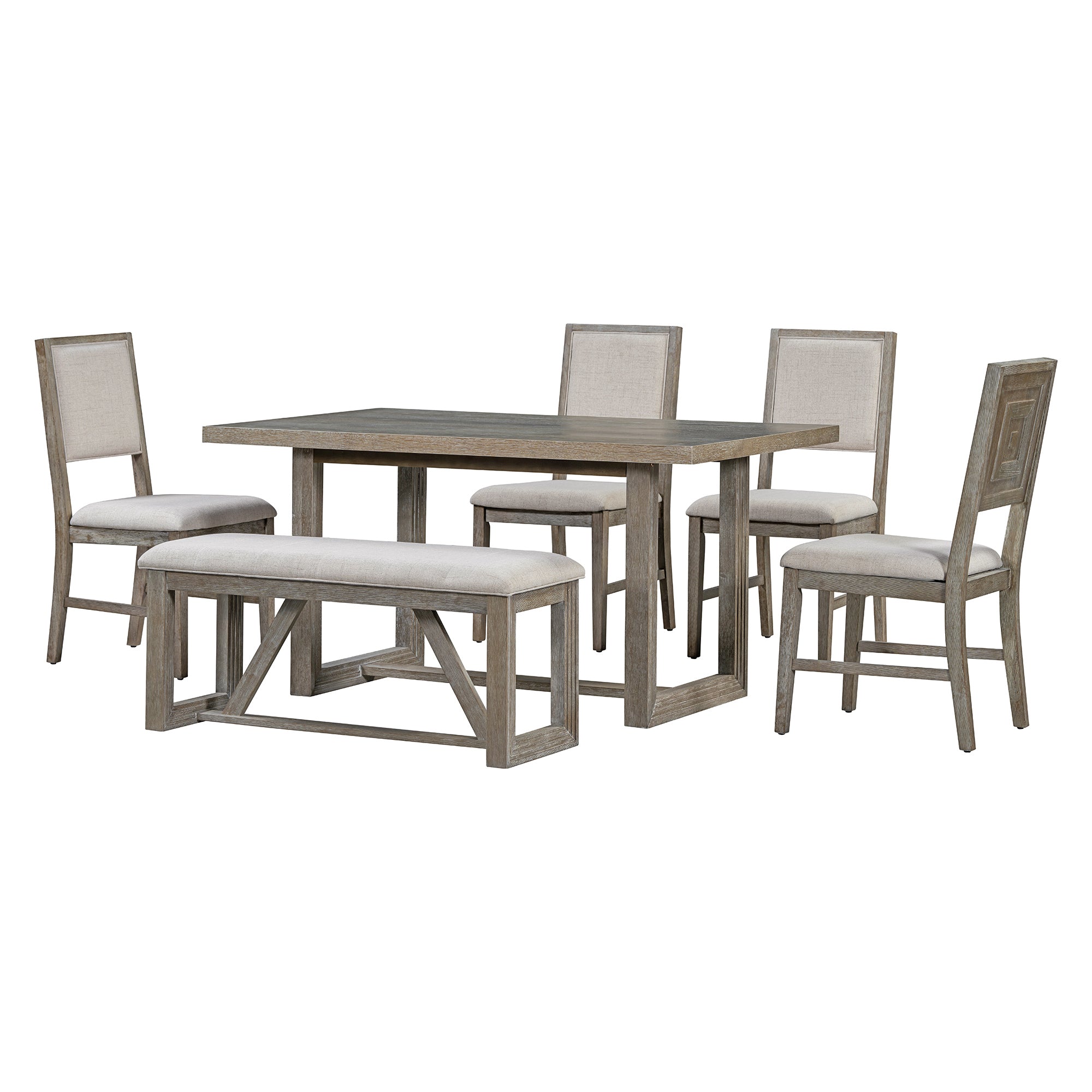 6-Piece Retro Dining Table Set for 6, 60" Wood Kitchen Table and Chairs Set of 4 with Bench Designed Trestle Base for kitchen & Dining Room (Gray)