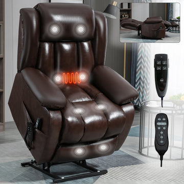 Dual Motor Infinite Position Up to 350 LBS Electric Medium size Genuine Leather/Faux Leather Brown/Black Power Lift Recliner Chair with 8-Point Vibration Massage and Lumbar Heating