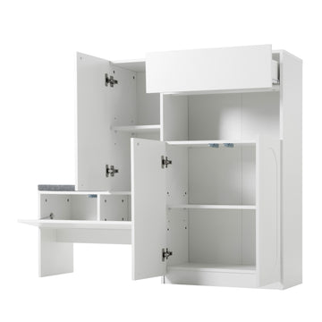 Elegant 2-in-1 Shoe Cabinets with Soft Cushion, Modern Storage Bench with Arched Doors & Rebound Devices, Versatile Shoe Rack Organizer with Adjustable Shelves for Hallway, Living Room, White/Black