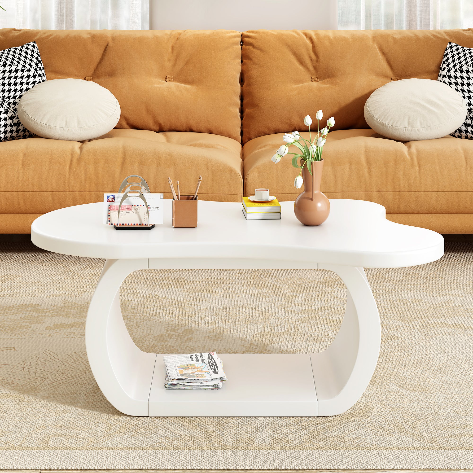 ON-TREND 39.3"*23.6" Modern Cloud Coffee Table with 1.5" Thick Tabletop, Cream Style Irregular End Table with Curved Legs, Unique Design Accent Table with Round Edge for Living Room, Apartment, White/Black