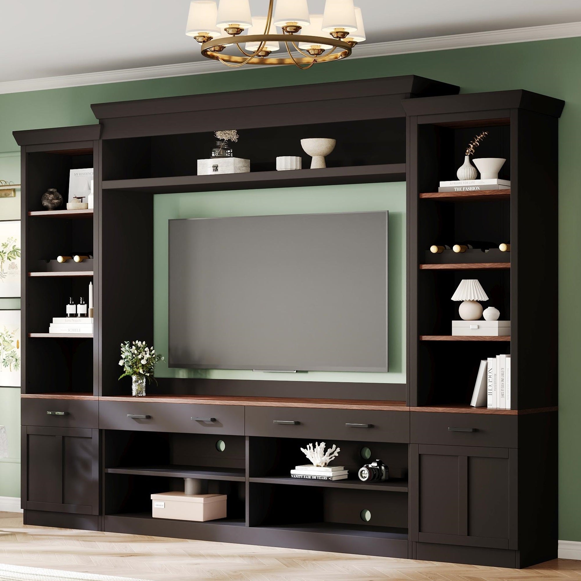 Farmhouse 4-Piece Entertainment Wall Unit Set with Bookshelf for TVs Up to 70", Walnut TV Stand with Adjustable Shelves, Mid-Century Large Media Console with Wine Rack for Living Room, Black/White