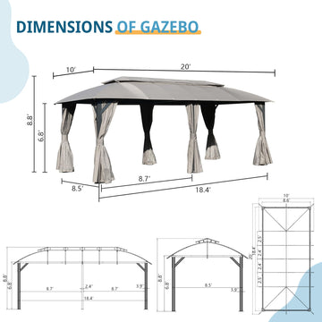 Gazebo 10x20FT, Outdoor Gazebo with Double Roofs, Privacy Curtains, Mosquito Nettings, Heavy Duty Metal Frame Party Tent Canopy for Patio, Backyard, Deck, Lawn, Grey/Brown