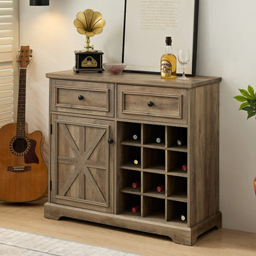 Farmhouse Liquor Cabinet Bar Cabinet with 2 Drawers, Wine Bar Cabinet with Removable Wine Racks Storage Shelves, Cupboard for Kitchen, Dining Room