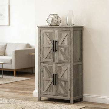Farmhouse Storage Cabinet Light Gray Rustic Floor Cabinet with Barn Door, Adjustable Shelves