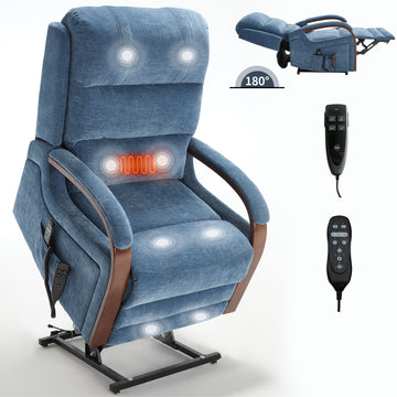 Power Blue Chenille Lift Recliner Chair Dual Motor Infinite Position Up to 350 LBS with Solid Wood Armrests, Heat Massage and Heavy Duty Motion Mechanism