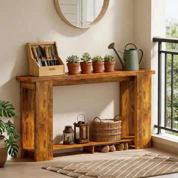 63 Inch Narrow Console Table Light Brown Side Table with Lower Shelf