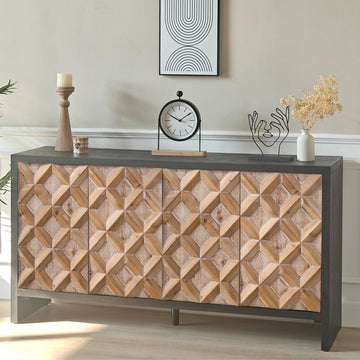 Rustic 4-Door Wood Cabinet with Geometric Pattern – Modern Storage Solution for Any Space