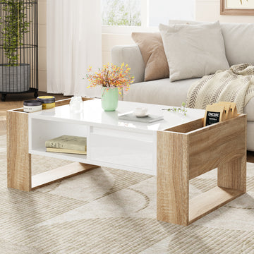 High Glossy Coffee Table with 2 Drawers, Practical Two Tone Center Table with Hidden Compartments, Rectangle Cocktail Table with Open Storage Shelf for Living Room, Bedroom, White/Black, 41.3*23.6