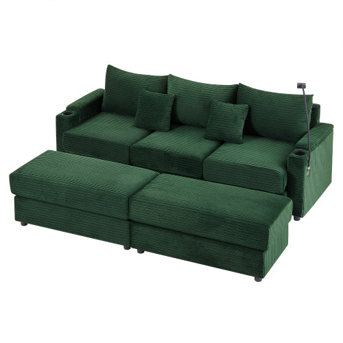 95.3" Modern Style 3-Seater Sofa Sectional Sofa Couch with Storage Space, Two Movable Ottomans, Two USB Ports, Two Cup Holders, A Phone Holder for Living Room, Green