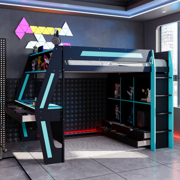Full Size Gaming Loft Bed with Integrated Desk, Smart RGB LED Lights and USB Ports, Wooden High Bed