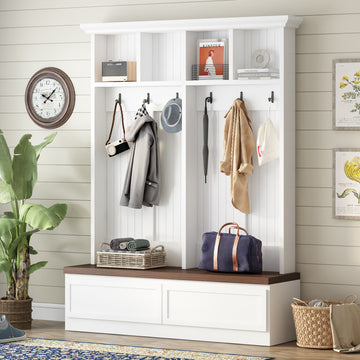 Farmhouse 4-in-1 Hall Tree with Wood Grain Bench, Mudroom Versatile Coat Rack with 2 Large Drawer, Entrance Organizer for Hallway, Living Room, Black/White, 55.9