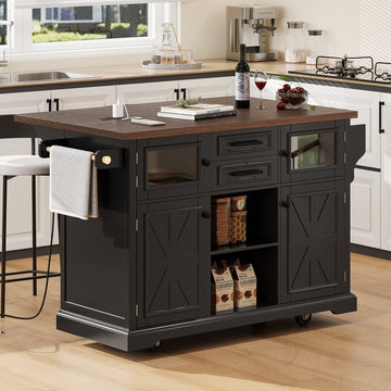 Kitchen Island with Double Cross Barn Doors, Rolling Kitchen Cart, Black