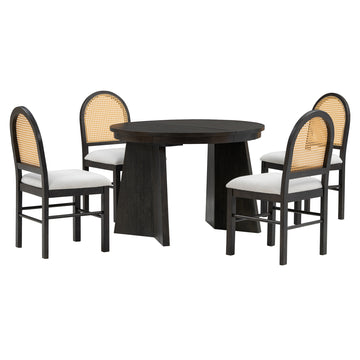 5-Piece Retro Functional Dining Set with 1 Extendable Dining Table and 4 Upholstered Chairs with Rattan Backrests for Dining Room and Kitchen (Espresso)
