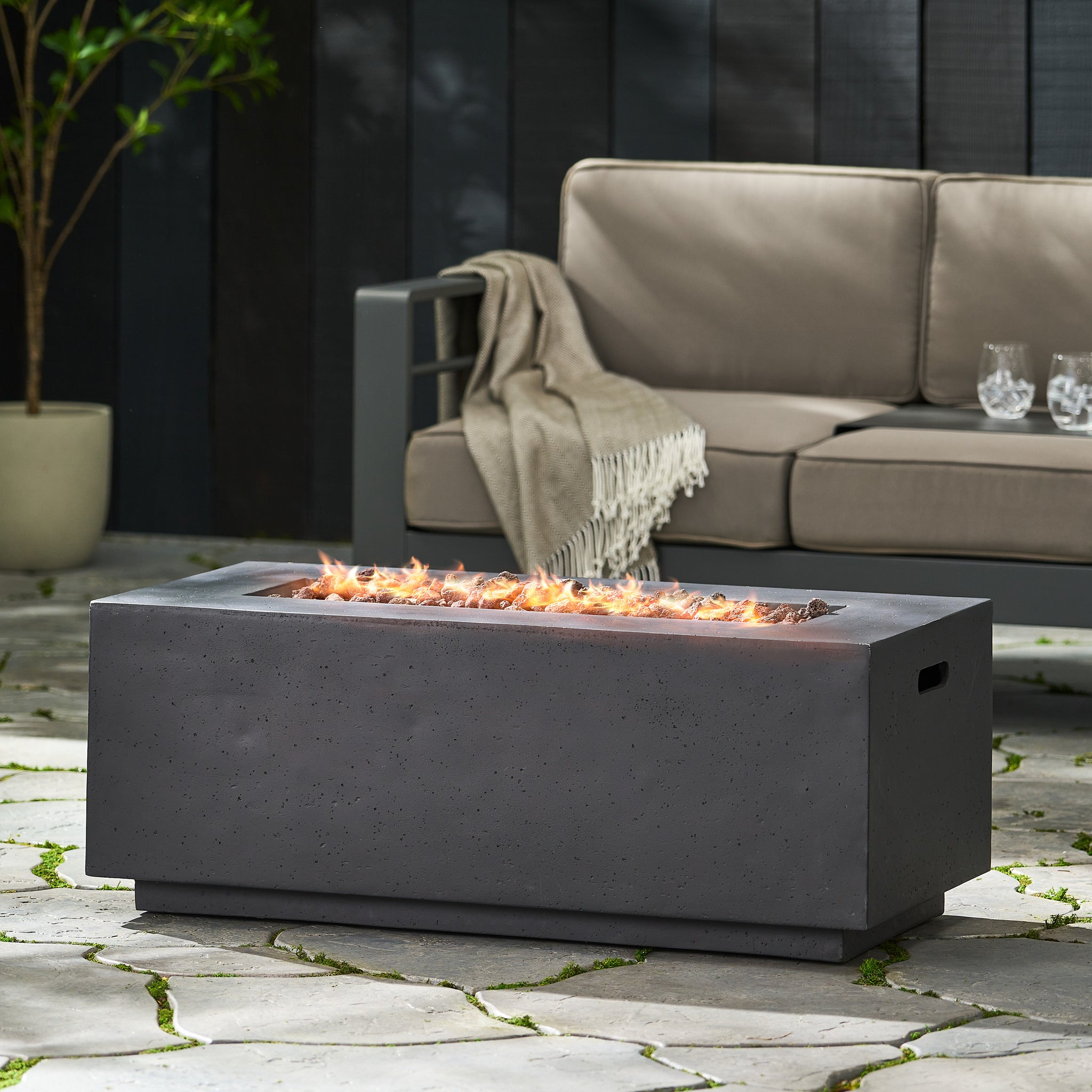 40" Outdoor 40,000 BTU Rectangular MgO Concrete Propane Fire Pit, Light Grey/Dark Grey (Tank Cover not Included)