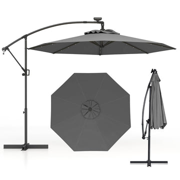 10 Feet 360¡ã Rotation Solar Powered LED Patio Offset Umbrella without Weight Base-Gray