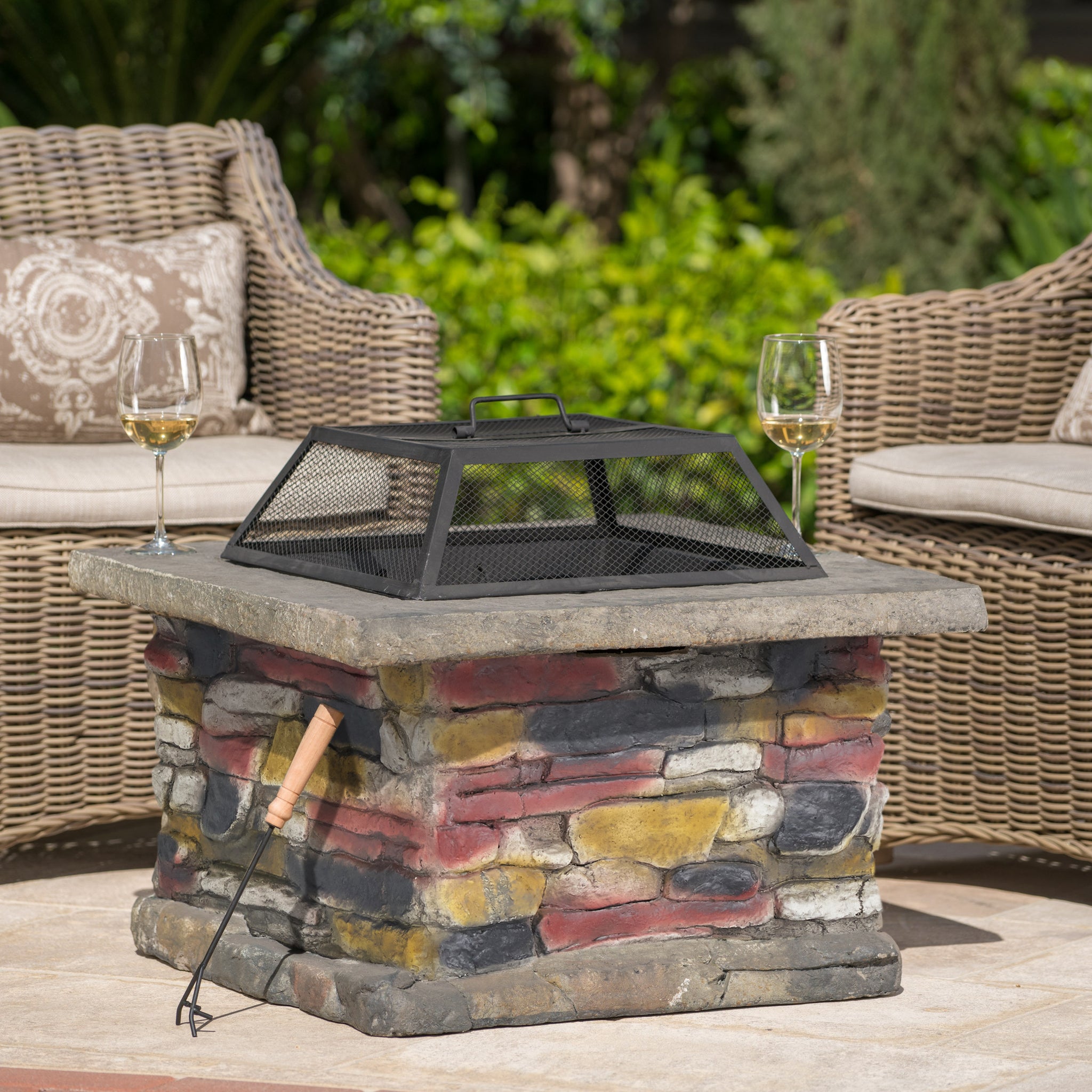 28" Concrete Wood Burning Outdoor Fire Pit Table with Lid - Natural Gray/Stone Gray