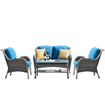 Gray of 4-Piece Metal Patio Conversation Set with Blue cushions