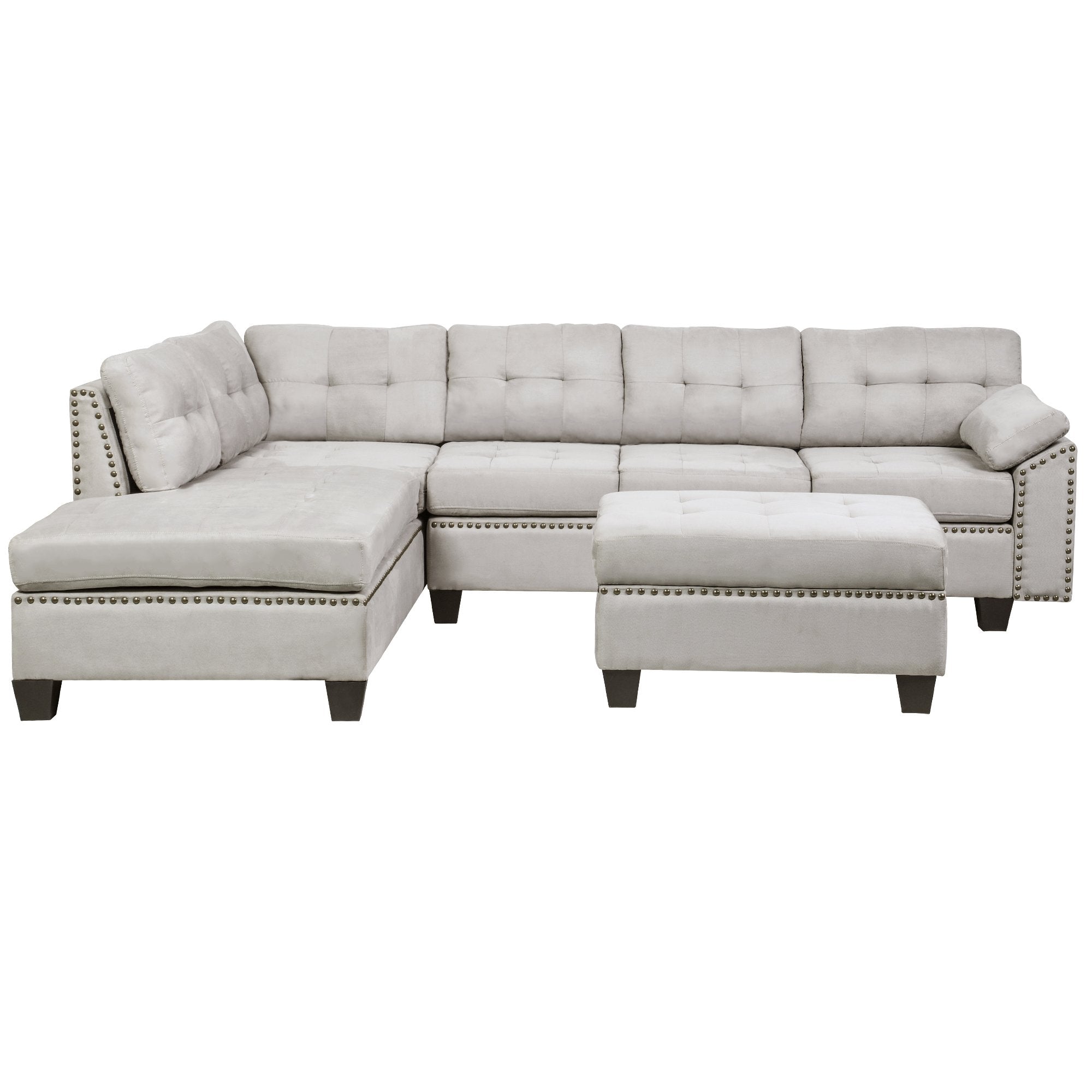 Sectional Sofa Set with Chaise Lounge and Storage Ottoman Nail Head Detail (Grey)