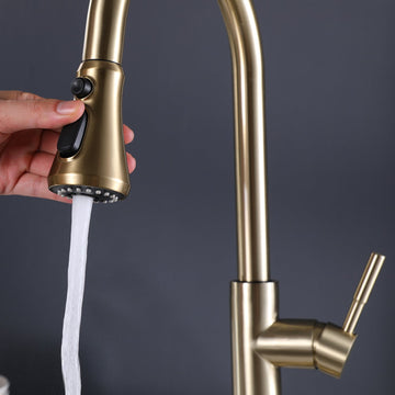 Clihome® | Single-Handle Pull-Down Sprayer Kitchen Faucet With Deck Plate in Brushed Glod