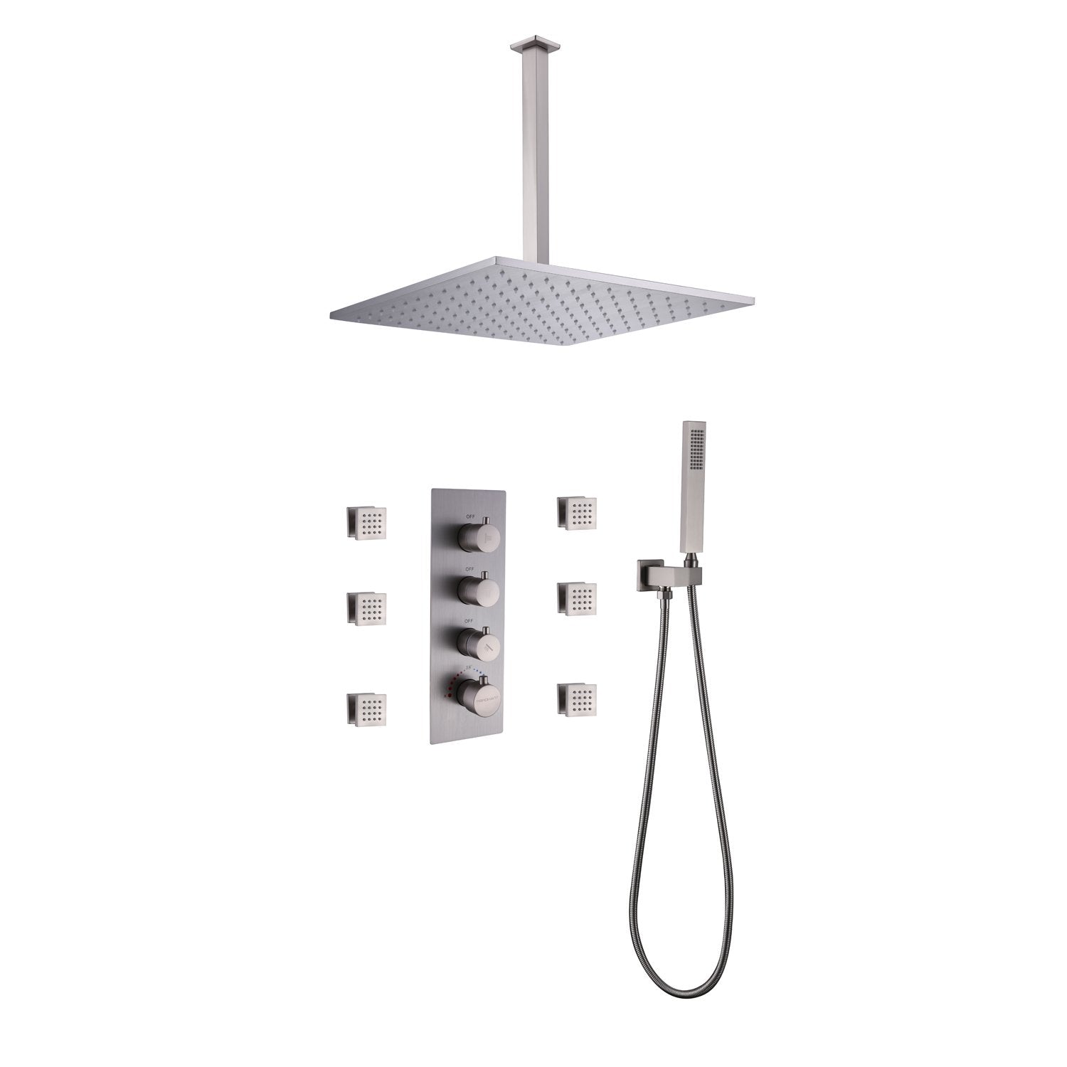 Luxury 16 in. 6 -Jet Thermostatic Mixer Shower System Combo Set Shower Head and Handshower in Brushed