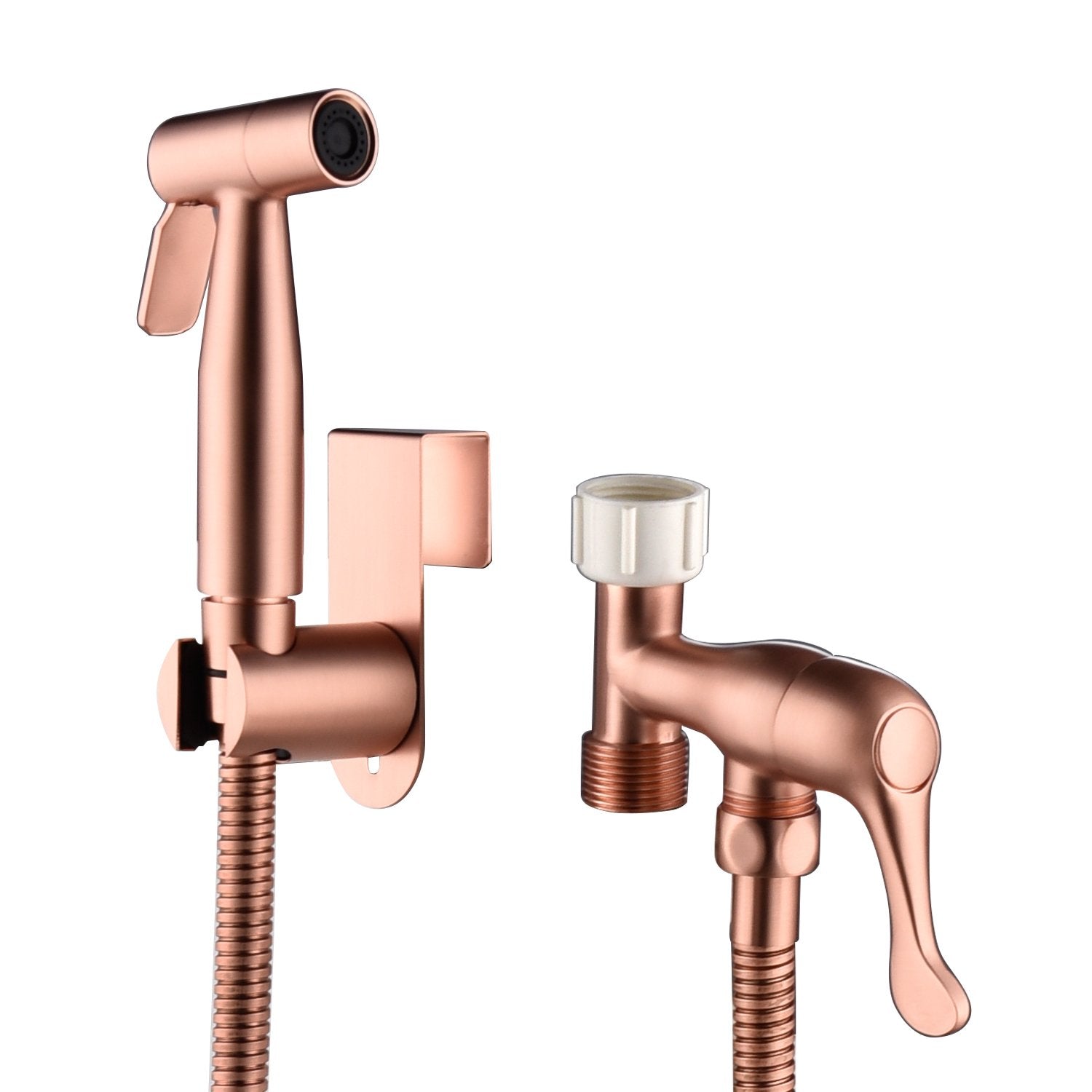 Single-Handle Bidet Faucet with Sprayer Holder, Solid Brass T-Valve and Flexible Hose in Brushed Rose Gold