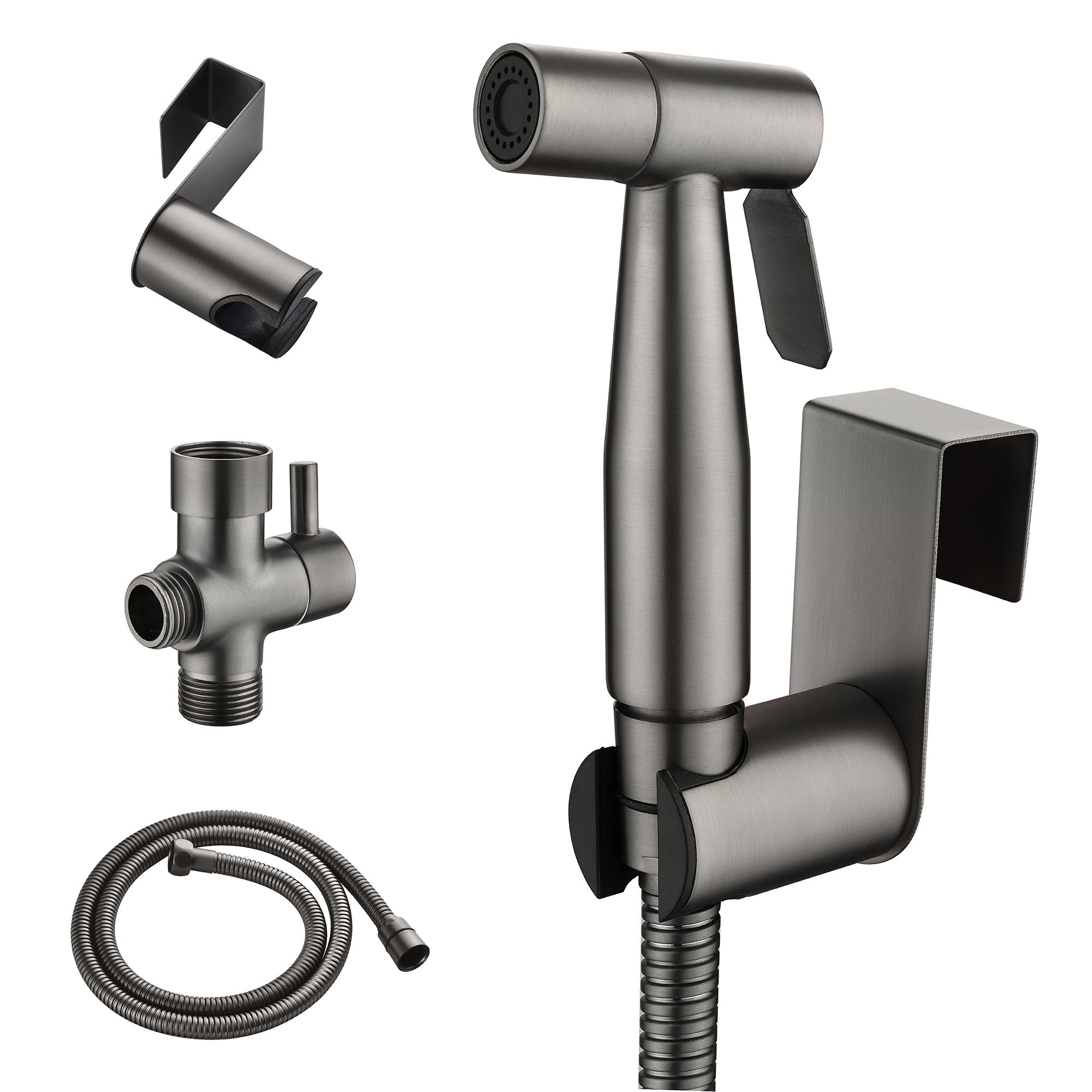 Single-Handle Bidet Faucet with Sprayer Holder, Solid Brass T-Valve Adapter and Flexible Bidet Hose in Gun Grey