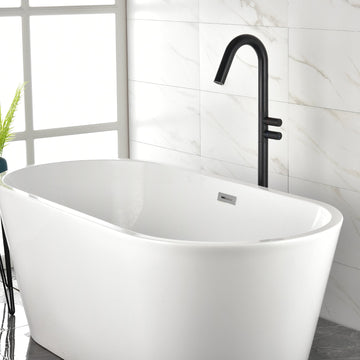 Freestanding Floor Mount Single Handle Bath Tub Filler Faucet with Water Supply Lines in Matte Black