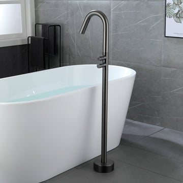 Freestanding Floor Mount Double Handle Bath Tub Filler Faucet with Water Supply Lines in Gunmetal Gray